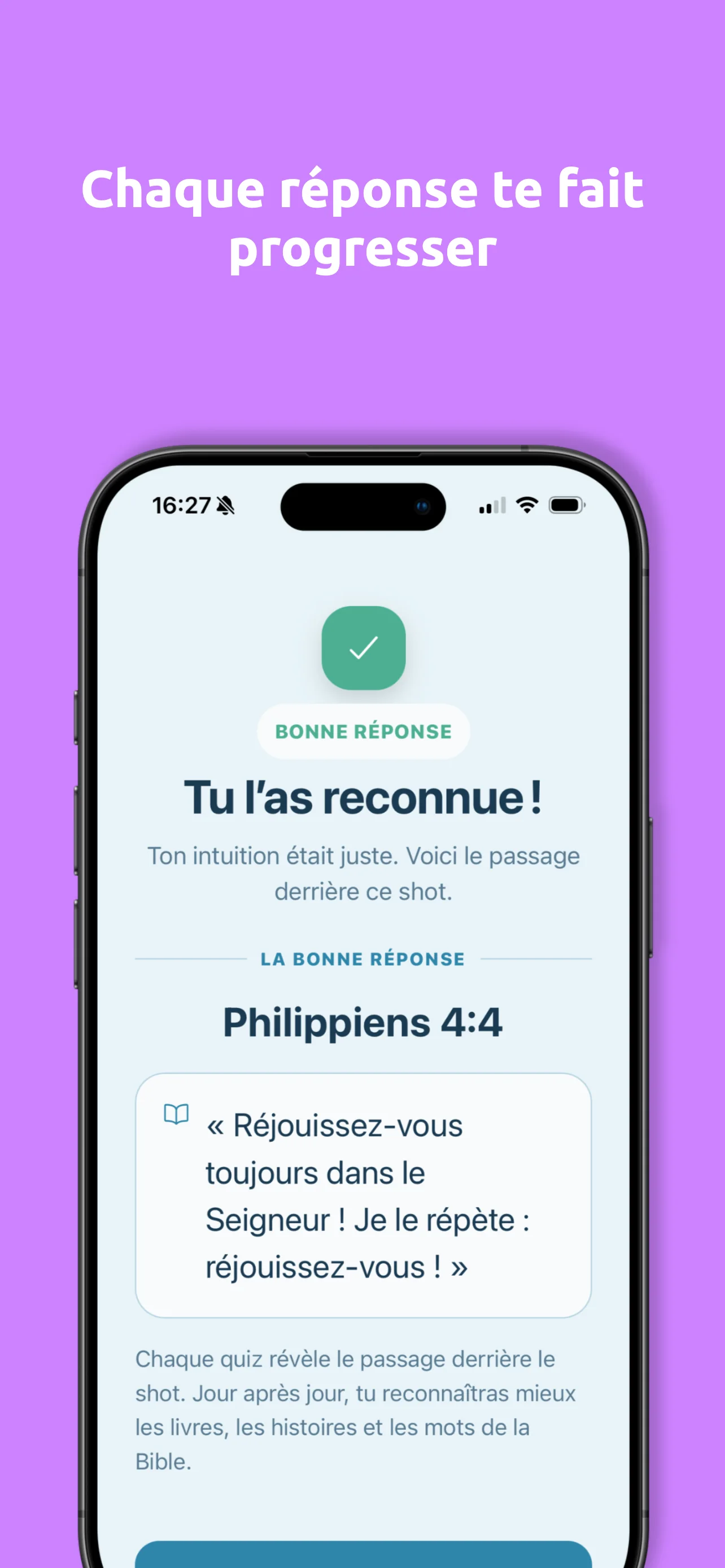 Révélation du verset après le quiz BibleShot